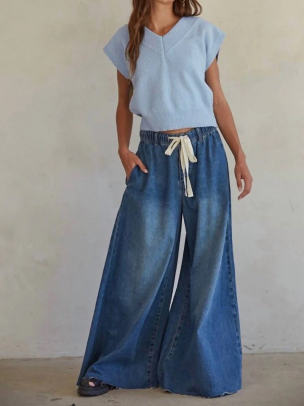By Together Women’s Extra Wide Leg Jeans Size L Button Fly Drawstring Waist Boho - Picture 3 of 9